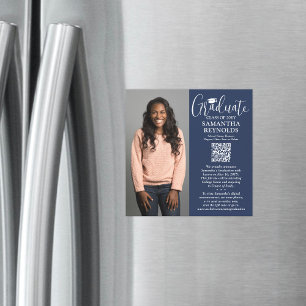 QR Graduation Navy White Photo Announcement Magnet