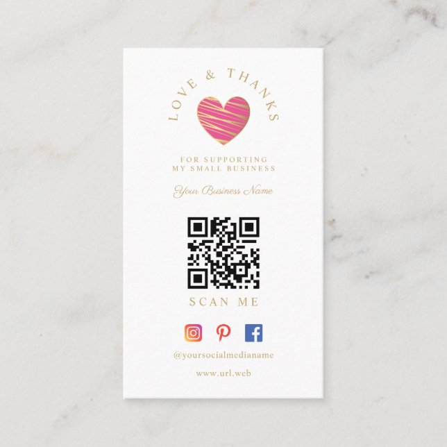 QR Hot Pink Heart Love & Thanks Supporting Business Card (Front)