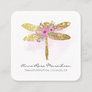 *~* QR LOGO Floral Watercolor GOLD Dragonfly  Square Business Card