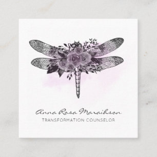 *~* QR LOGO Floral Watercolor GRAY Dragonfly Square Business Card