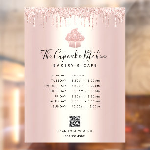 QR Menu Hours Cupcake Bakery Rose Gold Glitter Win Window Cling
