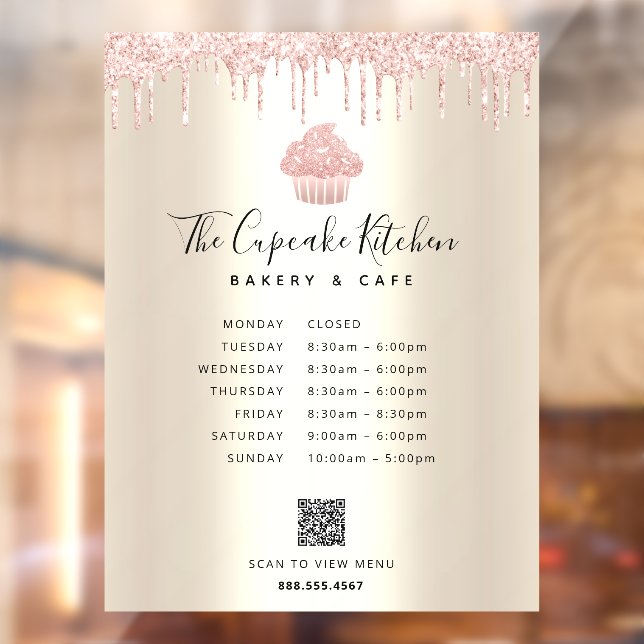 QR Menu Hours Pink Cupcake Glitter Bakery Gold Window Cling (Sheet 2)
