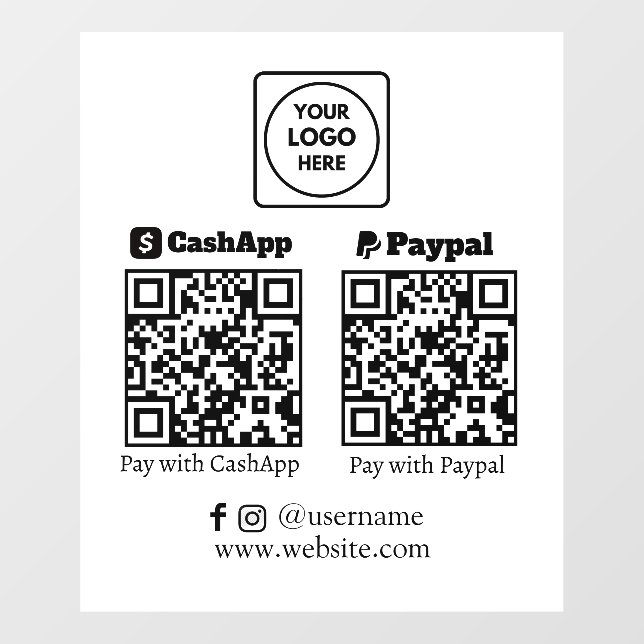 QR Payment | CashApp & PayPal Business Display Window Cling (Sheet)