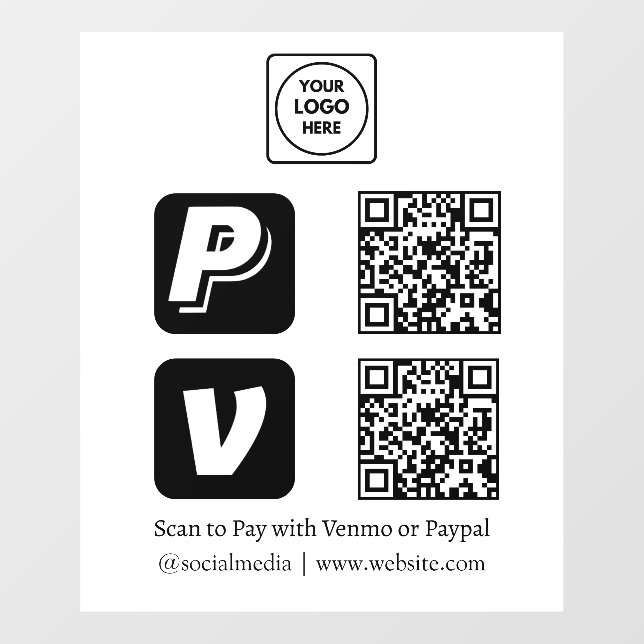 QR Payment | Venmo & PayPal Business Display Window Cling (Sheet)