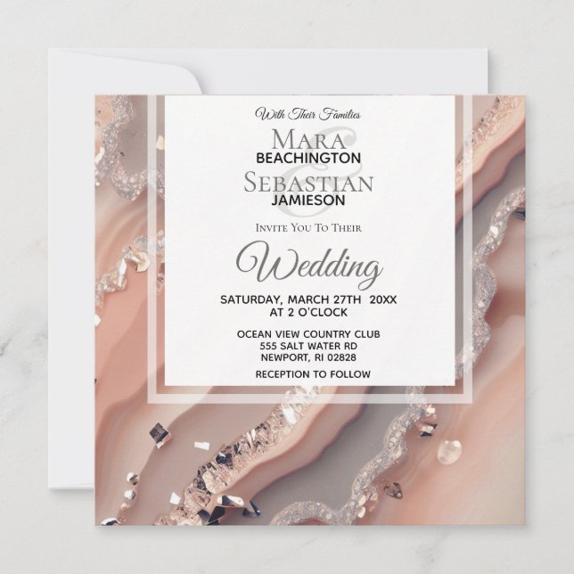 *~* QR Peach Salmon SILVER AGATE RSVP AR66 Wedding Invitation (Front)