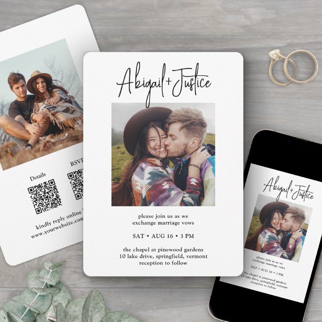 QR RSVP Chic Minimalist All-In-One 2 Photo Wedding Invitation (Creator Uploaded)