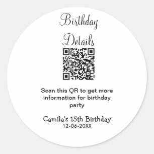 QR scan birthday party details modern 15 birthday  Classic Round Sticker