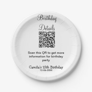 QR scan birthday party details modern 15 birthday Paper Plate