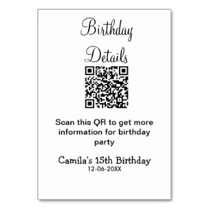 QR scan birthday party details modern 15 birthday  Table Number