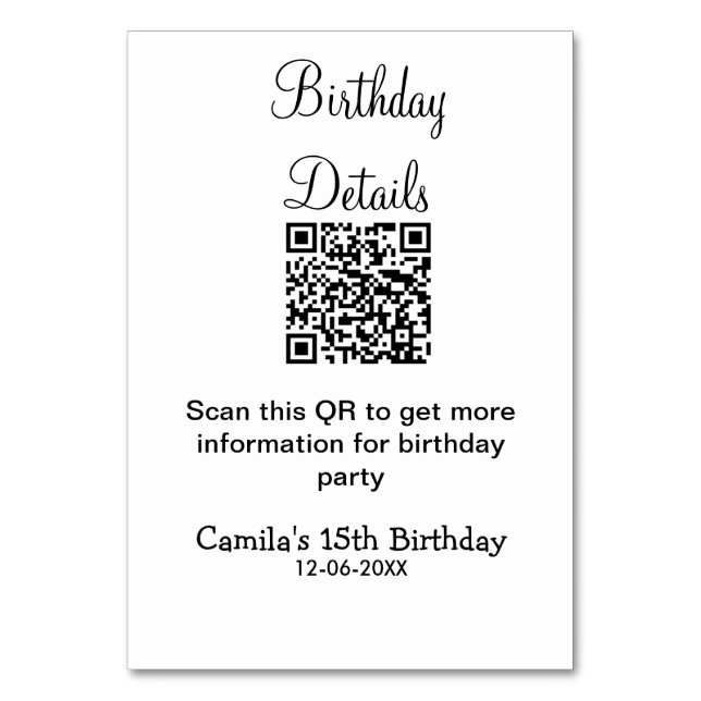 QR scan birthday party details modern 15 birthday  Table Number (Front)