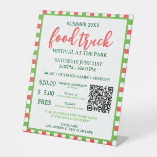 QR Tickets Summer Food Truck Festival Red Green Pedestal Sign