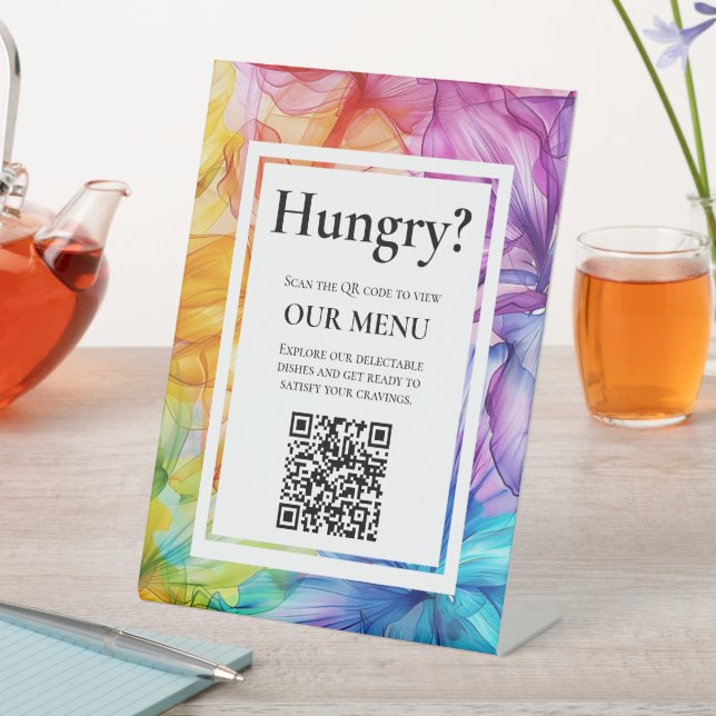 QR Wedding Menu Ethereal Bloom Pedestal Sign (In SItu)