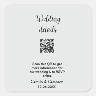 QR WEDDING WEBSITE add photoname date black white  Square Sticker
