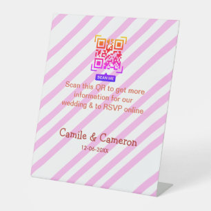 QR WEDDING WEBSITE pink stripped name date modern Pedestal Sign