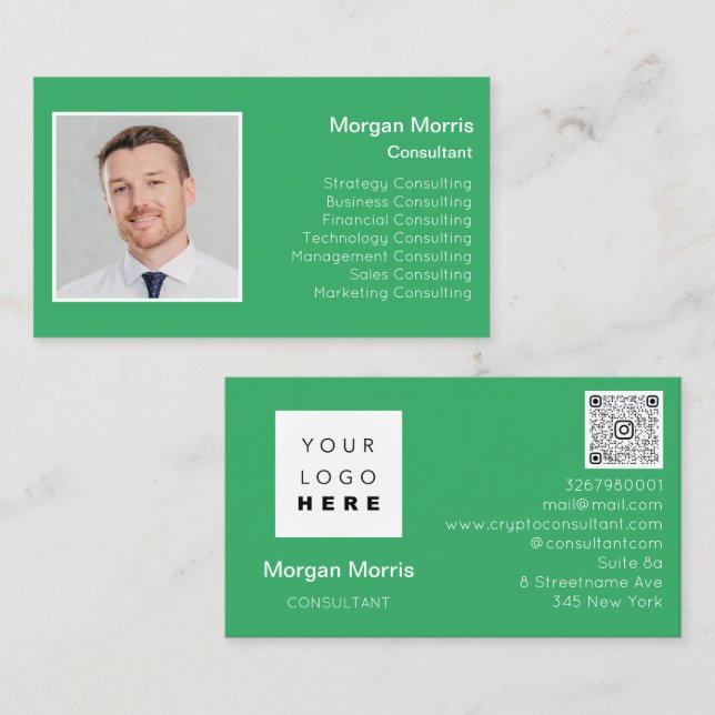 QRCode Logo Photo Professional Company Green Business Card (Front/Back)