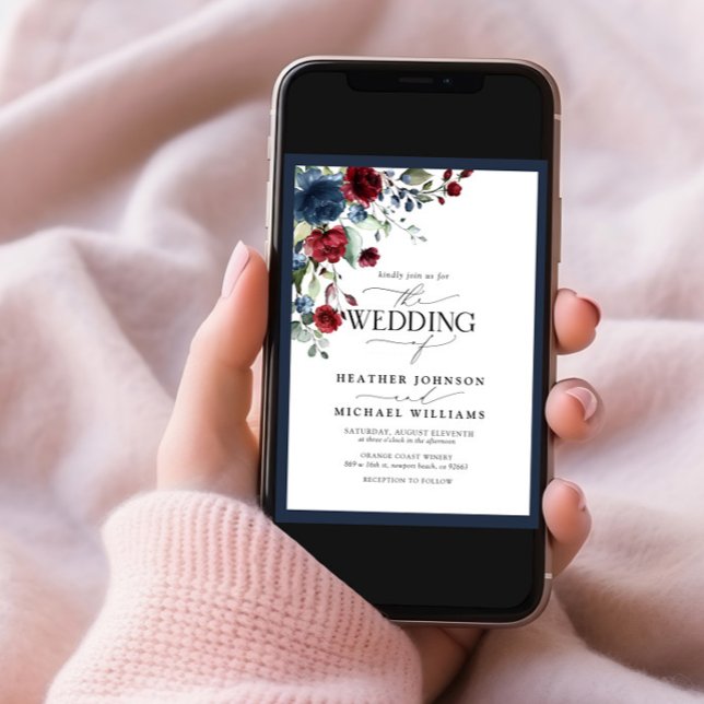 QRCode Navy Blue Burgundy Floral Watercolor Script Invitation (Creator Uploaded)
