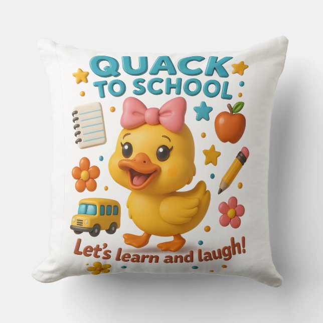 Quack to School – Cute Duck Back-to-School Throw Pillow (Front)