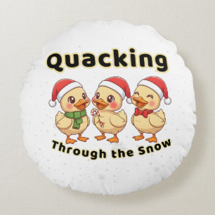 Quacking Through the Snow Funny Kawaii Duck Round Pillow
