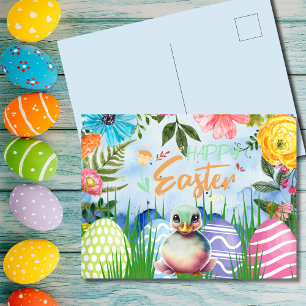 Quacktastic Duckling Easter with Flowers Holiday Postcard