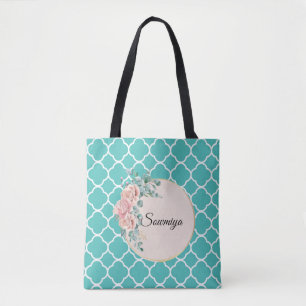 Quadrefoil teal green zigzag pattern  tote bag