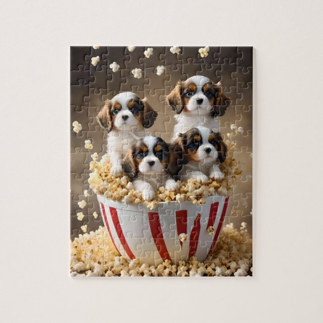 Quads Cavalier Spaniel Puppies In The Popcorn, Jigsaw Puzzle (Vertical)