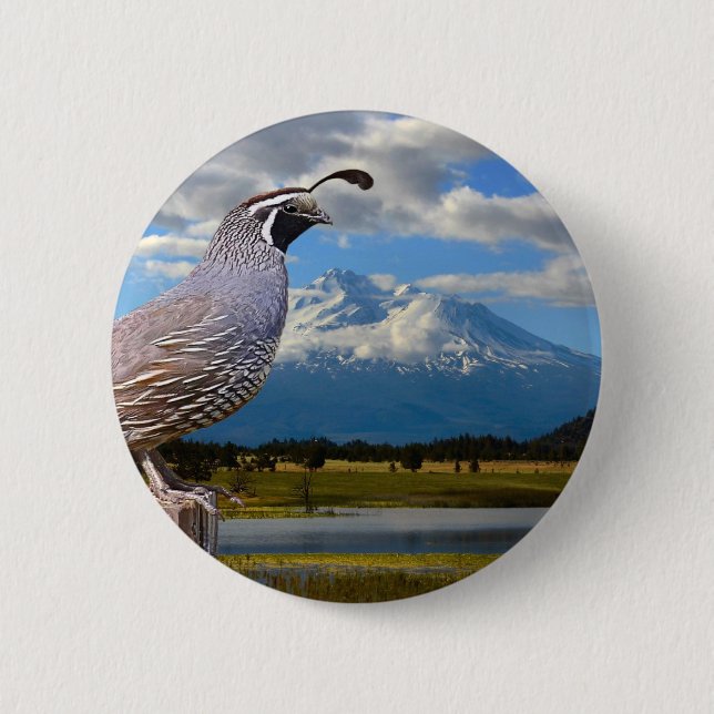 QUAIL AND MT SHASTA 2 INCH ROUND BUTTON (Front)