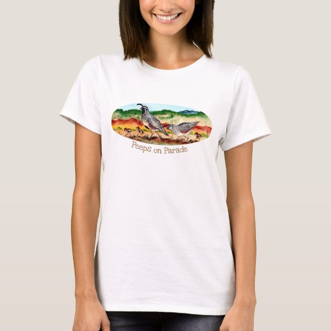 Quail Family Southwest Baby Bird Desert Painting T-Shirt (Front)