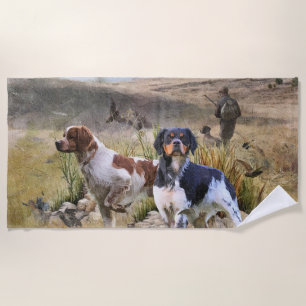 Quail Hunting with a Brittany Spaniels, Art  Beach Towel