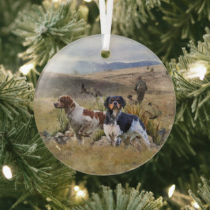 Quail Hunting with a Brittany Spaniels, Art  Glass Ornament