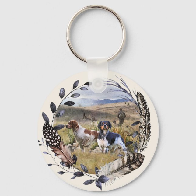 Quail Hunting with a Brittany Spaniels, Art  Keychain (Front)