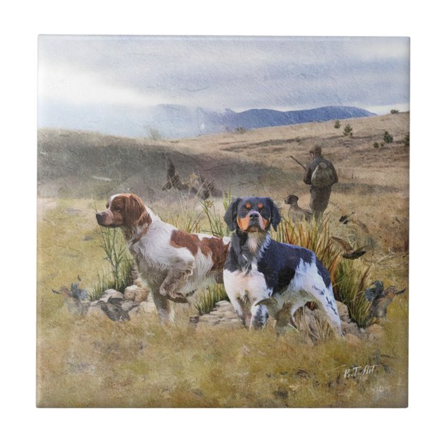 Quail Hunting with a Brittany Spaniels, Art  Tile (Front)