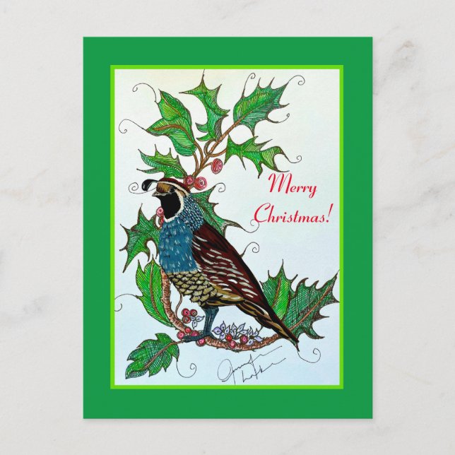 Quail in Holly  Postcard (Front)