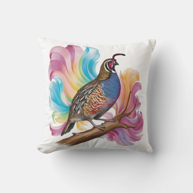 Quail on branch colourful background throw pillow (Front)