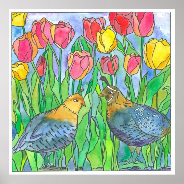 Quail Pink Tulips Bird Watercolor Painting Poster (Front)