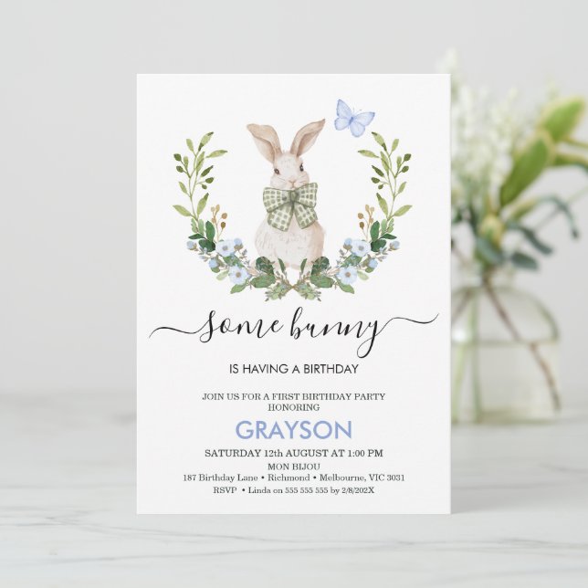 Quaint Blue Green Boys Little Bunny 1st Birthday  Invitation (Standing Front)