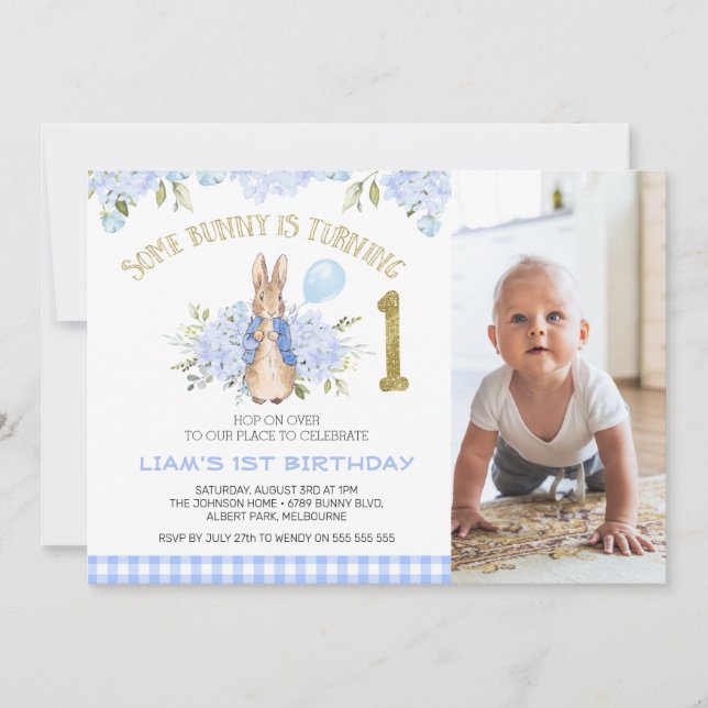 Quaint Blue Plaid Boys Bunny Rabbit 1st Birthday Invitation (Front)