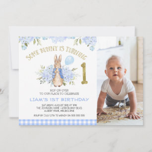 Quaint Blue Plaid Boys Bunny Rabbit 1st Birthday Invitation