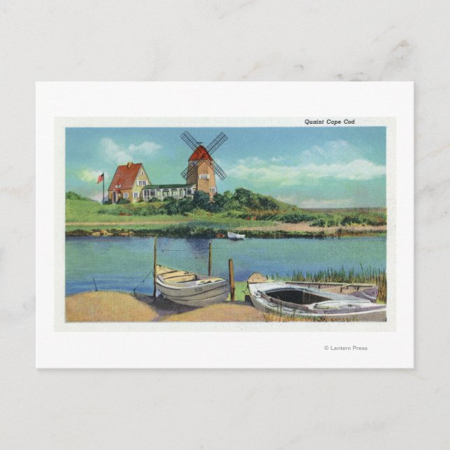 Quaint Cape Cod, View of Windmill and Boats Postcard (Front)