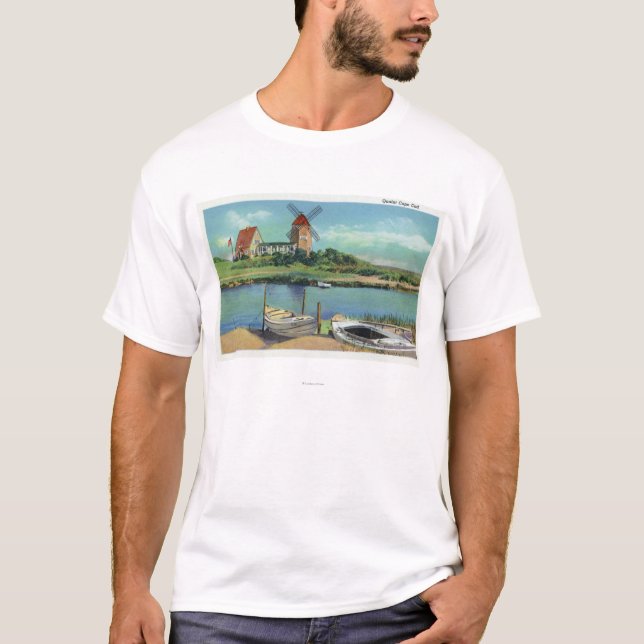 Quaint Cape Cod, View of Windmill and Boats T-Shirt (Front)