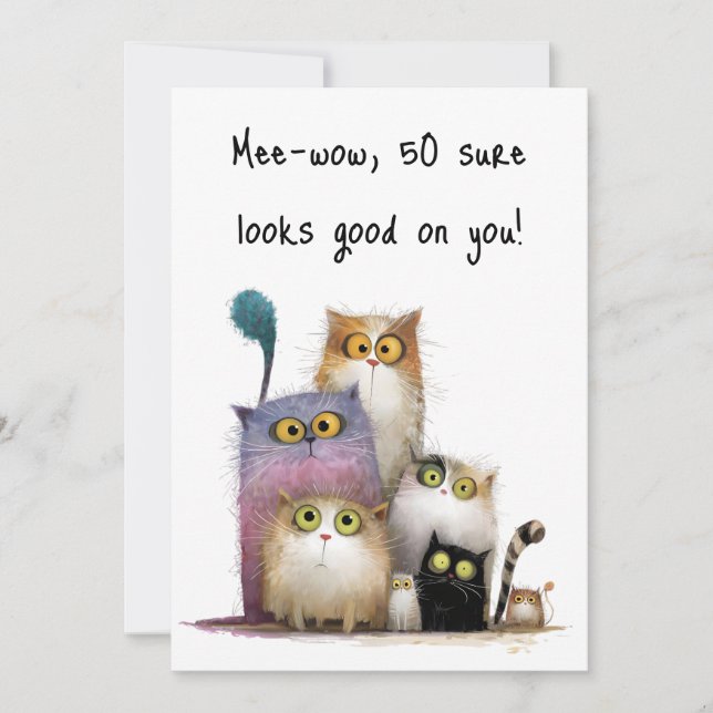 Quaint Cats with Big Eyes 50th Birthday Flat Card (Front)