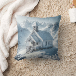 Quaint Christmas Church In The Mountains Throw Pillow