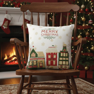 Quaint Christmas Village Snowflakes Throw Pillow