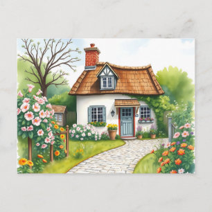 Quaint Cottage Watercolor  Blooming Flowers  Postcard