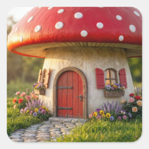 Quaint Mushroom Cottage with Polka Dot Roof Square Sticker