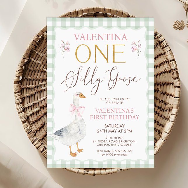 Quaint Sage Plaid Bow Silly Goose 1st Birthday Invitation (Sage One Silly Goose 1st Birthday Invitation Template, Pink Bow Goose First Birthday Invite, Plaid)