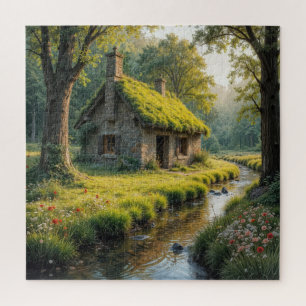 Quaint Stone Cottage By a Woodland Stream Jigsaw Puzzle