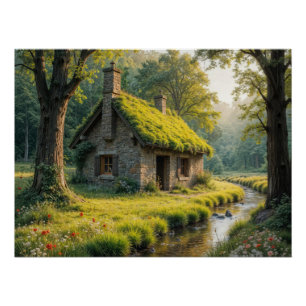 Quaint Stone Cottage By a Woodland Stream Poster