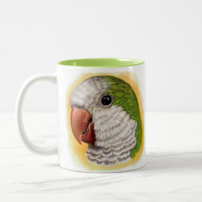 Quaker parrot realistic painting Two-Tone coffee mug (Left)