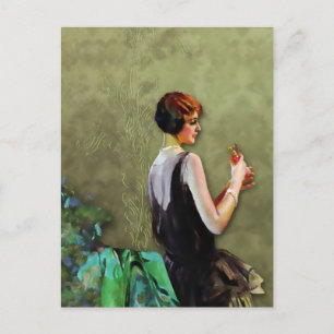 QUALIDA, 1920s FASHION in AQUA and OLIVE Postcard