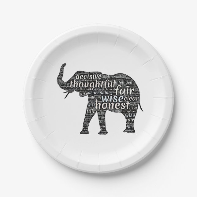 Qualities of an Elephant Word Cloud Paper Plate (Front)